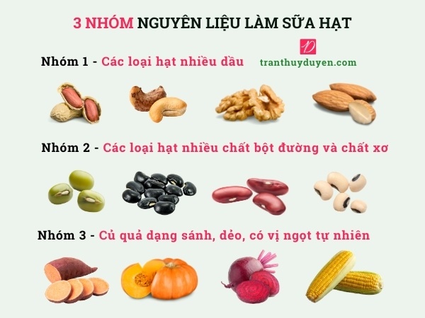 3 nhóm nguyên liệu làm sữa hạt